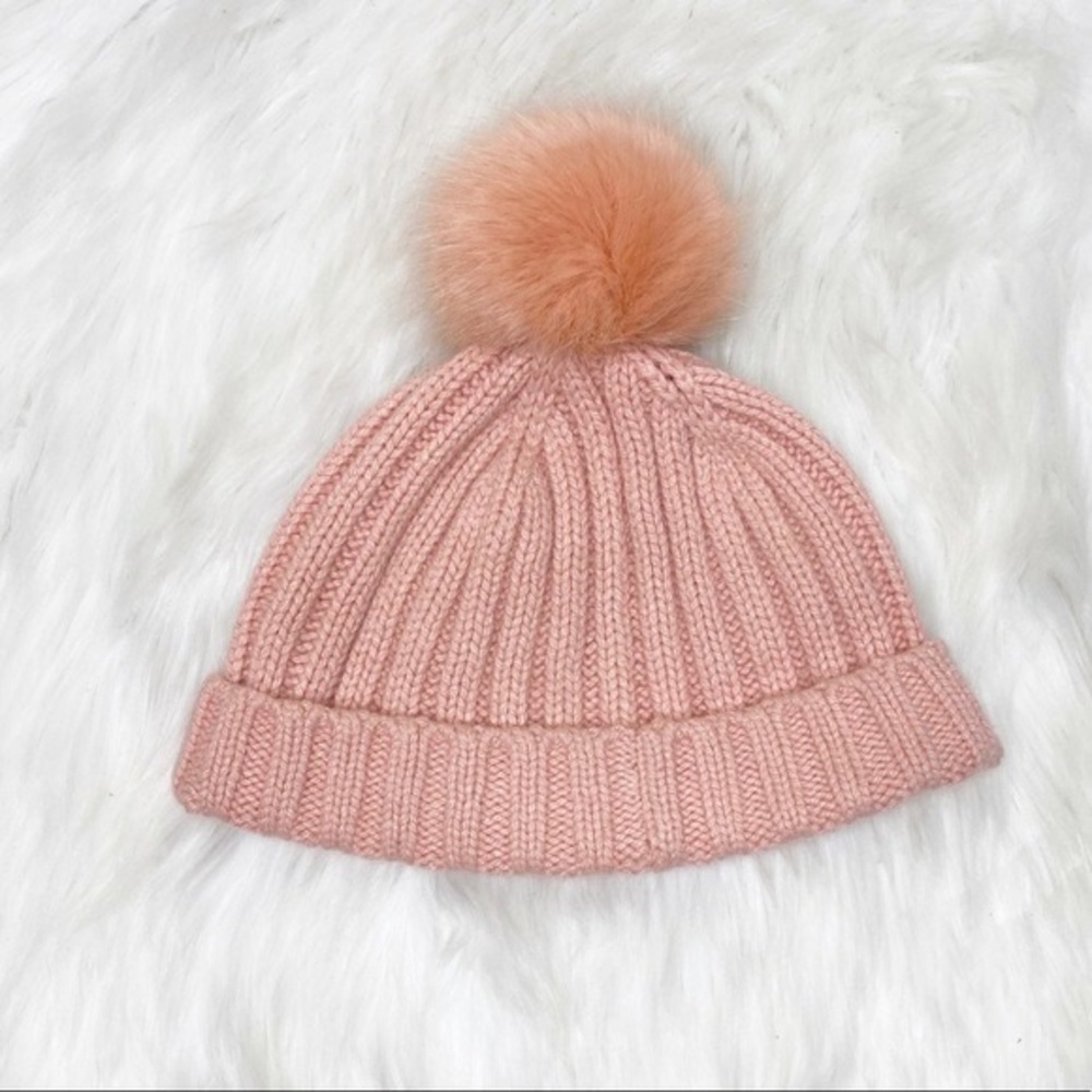 NWT J. Crew Ribbed Beanie Pink Faux Fur Pom Pom